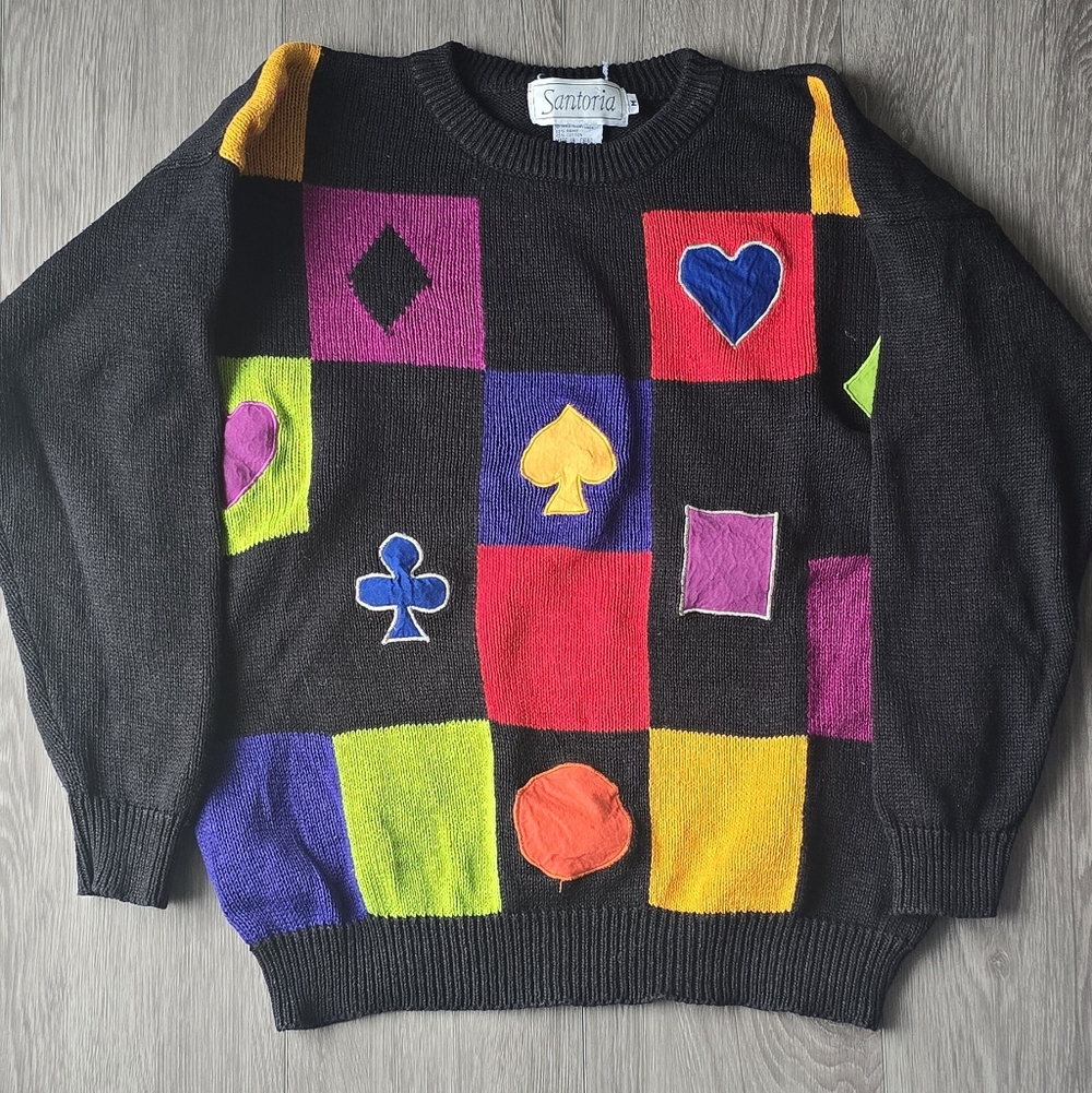 Vintage 90s Santoria Card Suit Colorblock Knit Sweater Y2K Poker Harley Quinn Wo